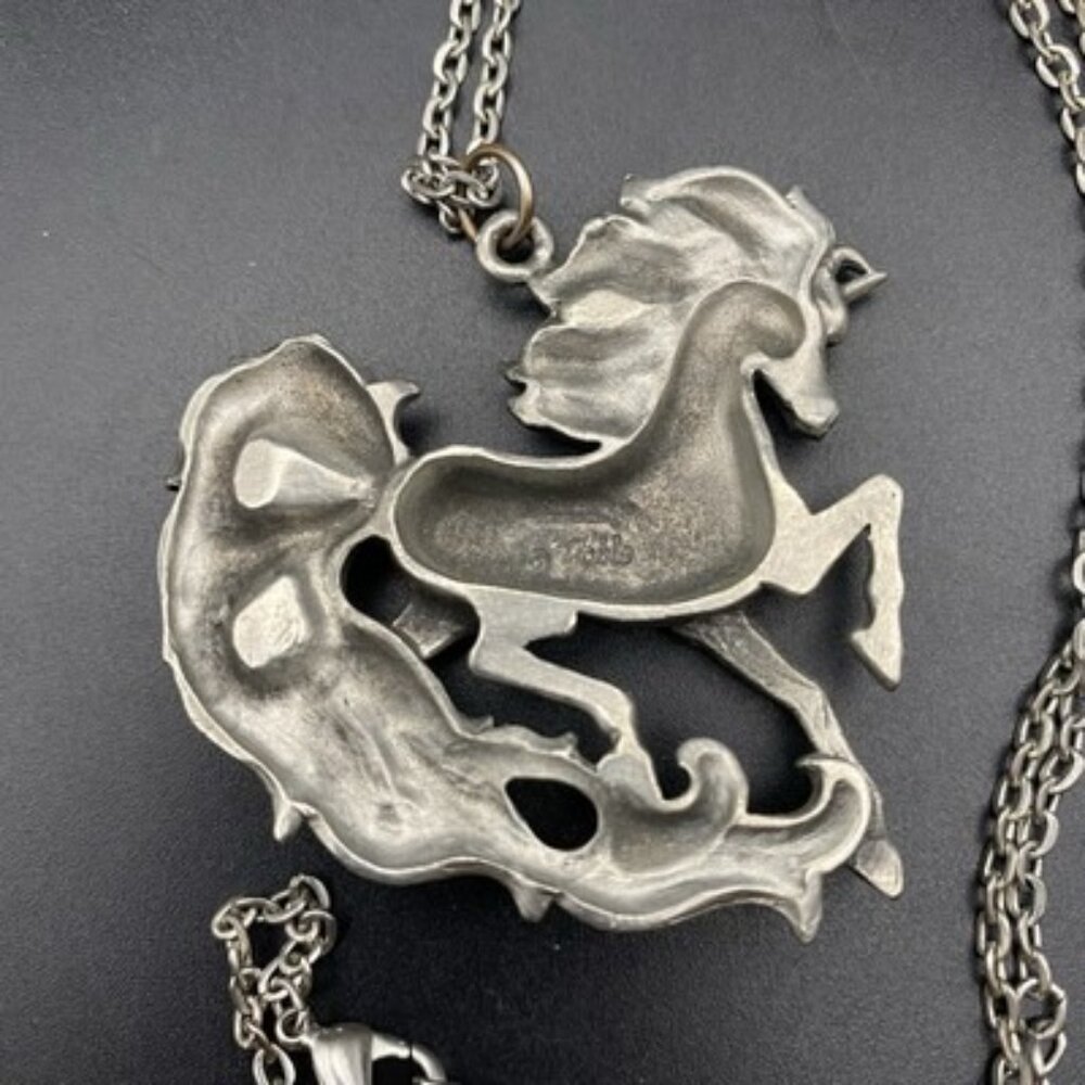 Fable Unicorn Pewter Necklace Pink Turquoise Blue Rhinestone Pendant Signed 18+2 - Picture 4 of 7